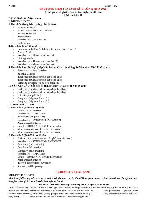 Đề cương ôn tập Học kì 2 Tiếng Anh 12 năm 2025–2026 trường THPT Bùi Hữu Nghĩa (Cần Thơ)